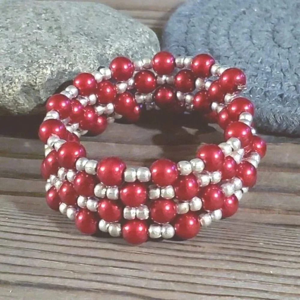 Hand Crafted Medium Red Glass Pearl Silver Beads Wrap Bracelet